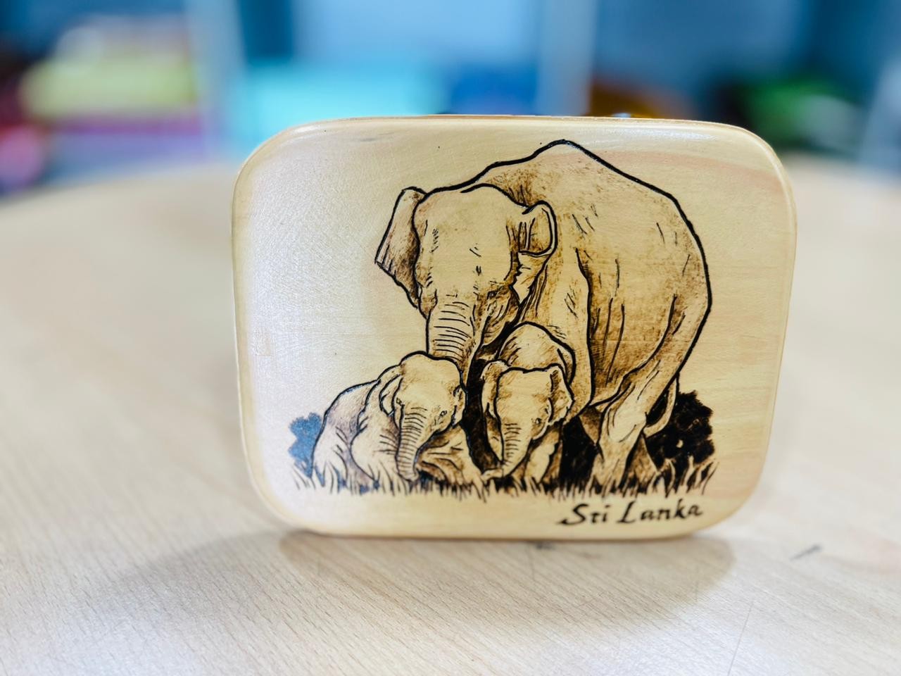 Wooden Elephants Burn Art Table Decor Design