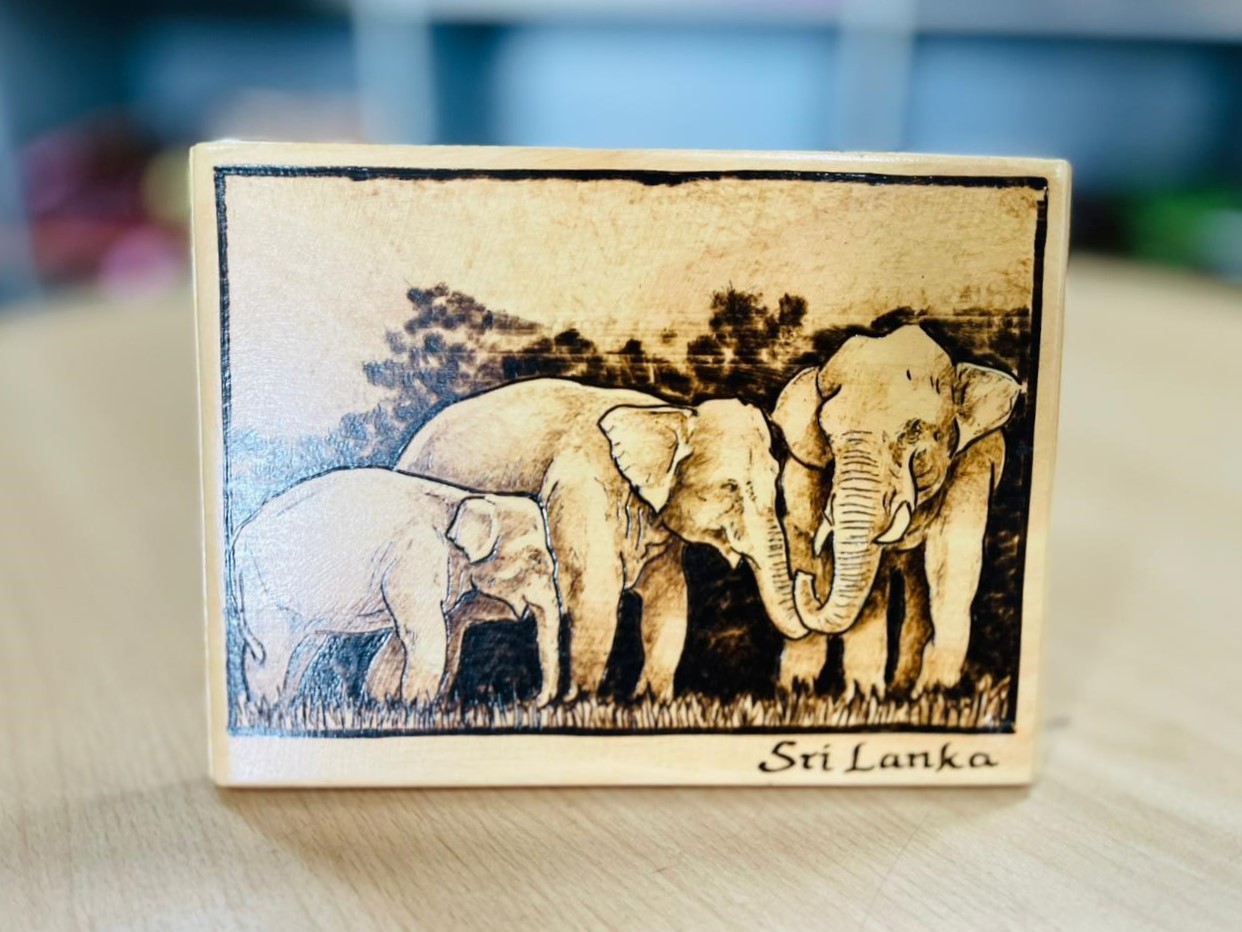 Wooden Burn Art Elephant Thunpath Reena Design 6" x 8" Size