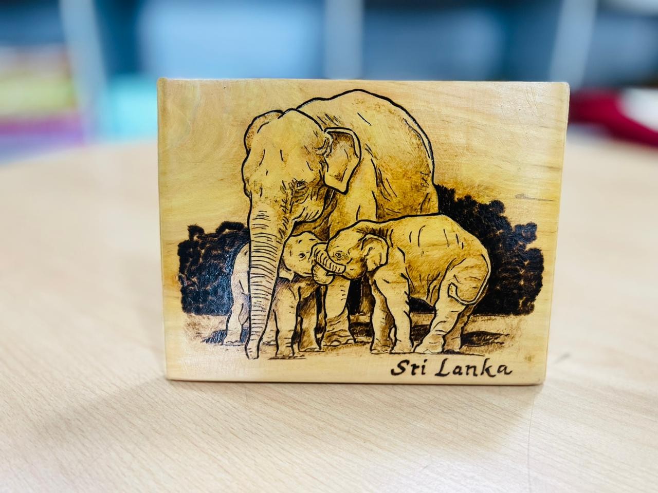 Playing Elephants Wooden Burn Art Table Decor Design