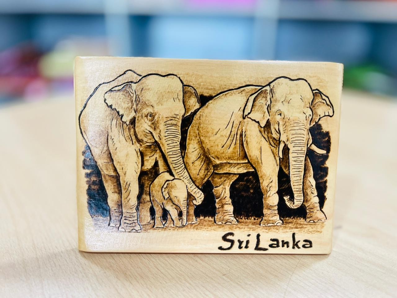 Elephants Wooden Burn Art Table Decor